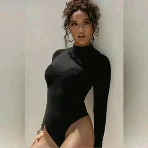 JLUXLABEL Women's XL Black Ribbed Long Sleeve Mock Neck Bodysuit